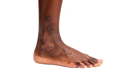 Darkskinned leg photo showing faint digitally marked bruises with minimal labeling on a clean white background symbolizing early signs of easy bruising for health assessment.