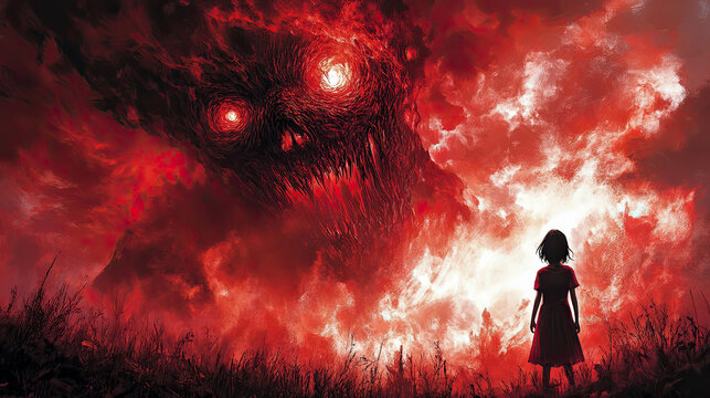 Small child faces colossal, monstrous entity formed from fiery red, ominous storm clouds against dramatic, glowing horizon