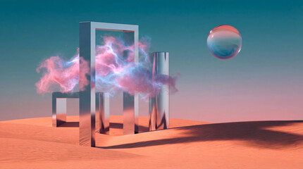 Surreal Scifi Desert Landscape with Chrome Portal and Floating Sphere in Nebula 3D Render