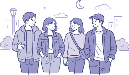 Serene Evening Stroll. Close friends enjoying an evening walk in the city, moving calmly along with casual gestures and peaceful