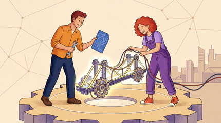 Collaborative Engineering Teamwork: Man and Woman Building Mechanical Structure on Giant Gear with Blueprints