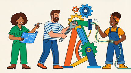 Diverse Engineering Team Collaborating on Machinery Repair with Blueprints and Wrench Vector Illustration