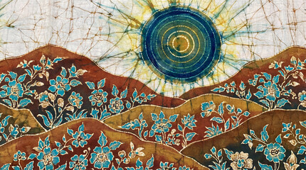 Handmade Batik Textile Background Featuring Floral Hills and a Stylized Blue Sun with Crackle Texture