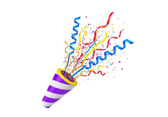 Obraz premium A vibrant 3D party popper with purple and white stripes and a yellow rim explodes with blue spiral streamers, red and yellow ribbons, and multi-colored stars on a transparent background with copy
