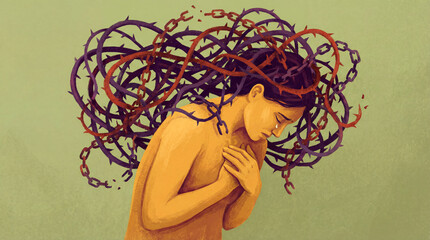Concept of mental suffering showing a woman with thorns and chains in hair symbolizing pain and anxiety