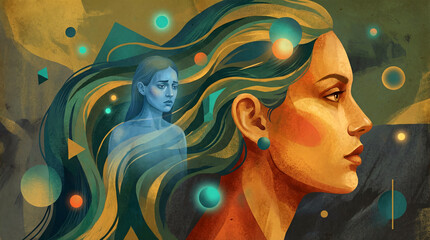 Conceptual Illustration of a Woman's Profile Revealing Inner Sadness, Mental Health Duality, and Psychological State