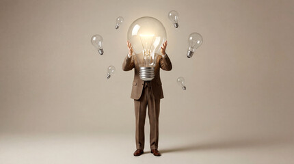 Businessman with a Giant Glowing Light Bulb Head Symbolizing Innovation, Creativity, and Smart Business Solutions