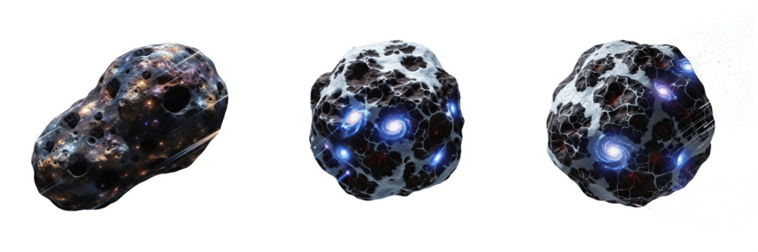 Collection of Realistic Asteroids Floating in Space Representing Cosmic Debris, Astronomy Research and Deep Space Exploration isolated on transparent PNG background