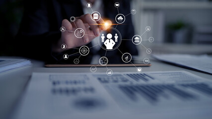 A concept of centralized business management and corporate strategy. A leadership team connecting...