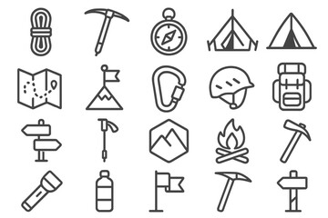 Obraz premium Mountain Exploration Icons. Line style icons of mountain exploration: climbing rope, ice axe, hiking boot, compass, tent, map,