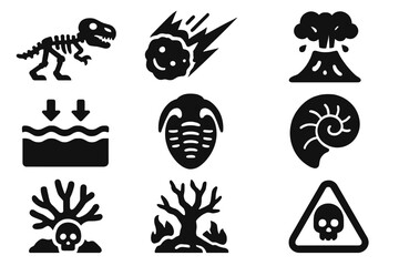 Obraz premium Extinction Icons Collection. Solid style icons of past extinction events: dinosaur skeleton, asteroid impact, volcanic eruption,