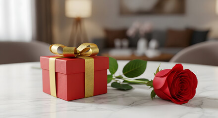 A red gift box with gold ribbon and a single red rose on a table