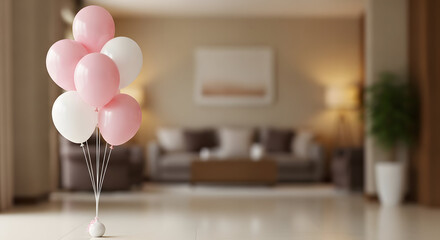 Pink and white balloons in a blurred living room with modern furniture