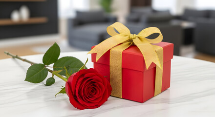 A red gift box with gold ribbon and a single red rose on a white table