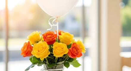 Vibrant bouquet of orange and yellow roses in a vase on a sunny windowsill