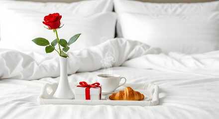 Romantic breakfast in bed with red rose and gift