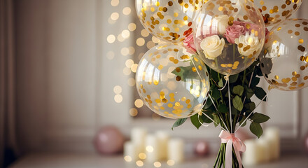 A beautiful floral arrangement with balloons and greenery in a bright room