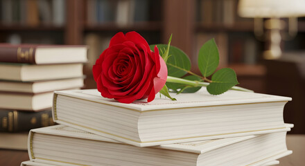 A red rose on a stack of white books in a library or study