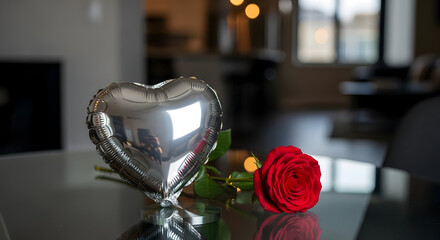 A romantic heart shaped balloon and a single red rose on a table