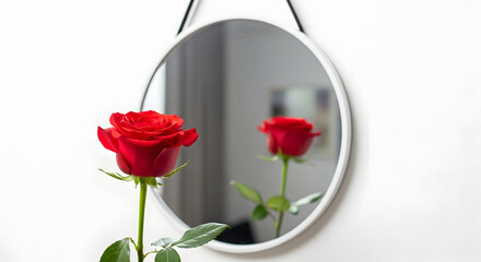 A red rose reflected in an oval mirror with white frame