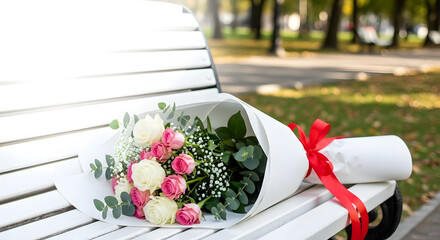 A bouquet of flowers wrapped in white paper with a red ribbon on a park bench