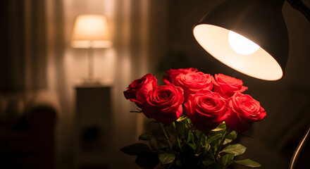 A bouquet of red roses under a warm lamp light