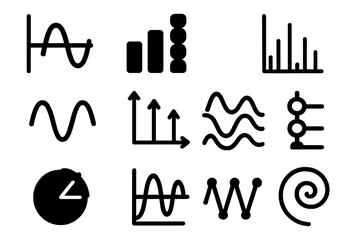 Harmonic Analysis Icons. Solid style icons of harmonic analysis: Fourier transform graph, harmonic bars, overtone stack, spectral