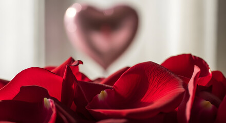 Romantic red rose petals with heart shaped decoration