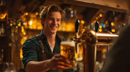 Young male bartender happily serving a fresh glass of draft beer to a customer, representing hospitality and excellent service in a warm, inviting bar setting