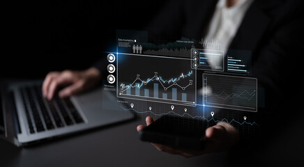 High-tech data visualization dashboard for analytics and performance tracking, including data visualization, trend, data report, and data chart. Latch