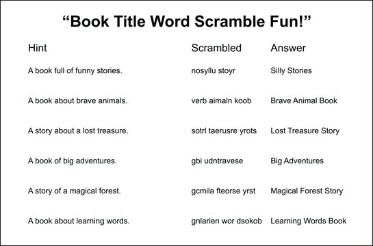 Book Title Word Scramble Fun With Hints And Answers Keywords: book, title, word scramble, fun