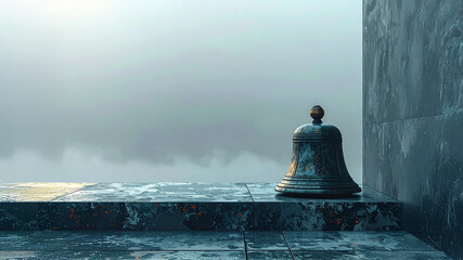 Metal bell stone platform fog background minimalism design. Atmosphere meditation zen concept. Architecture surface texture detail. Still life object. Studio environment. Quality stock media 2026 asse