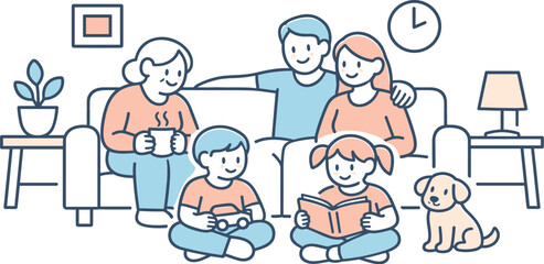 Cozy Family Evening. Family gathers in the living room sharing a warm cozy evening moment Minimalist flat line vector illustration