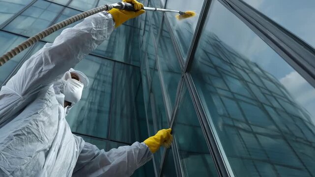 Worker using a spray device to evenly coat a buildings large glass panel with a hydrophobic solution designed to repel rain and reduce water marks.