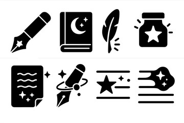 Celestial Writing Icons. Solid style icons of celestial writing: star pen, cosmic notebook, glowing quill, radiant ink bottle,