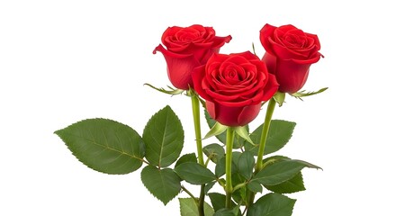 Fototapeta premium Cluster of Three Fresh Deep Red Roses with Glossy Green Leaves on White Background