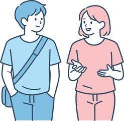 Obraz premium Chatting Friends Strolling. Two friends walk side by side talking about their life goals calmly Minimalist flat line vector