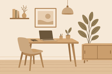 Fototapeta premium Scandinavian Home Office. Scandinavian-style home office with clean wooden vector illustration furniture, soft lighting, and