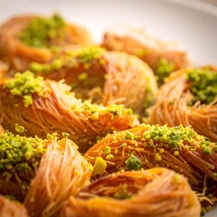 Delicious Birds Nest Baklava with Pistachio Topping - A Sweet Middle Eastern Treat.