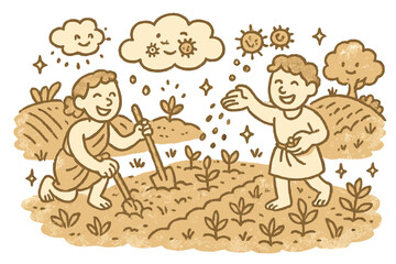 Fototapeta premium Joyful Ancient Agriculture. Friendly doodle ancient agriculture study with happy characters planting crops, cartoon pollen