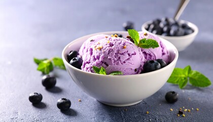 Delicious Blueberry Ice Cream Dessert with Fresh Mint and Berries.