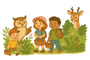 Naklejka premium Nature Walk Adventure. Guided nature walk with a wise owl pointing at plants, children smiling with baskets, and deer peeking from