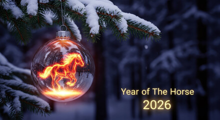 Year of the horse 2026 concept. Ornament ball with fiery blazing horse inside hanging on a snow powdered fir tree branch in a dark winter forest.