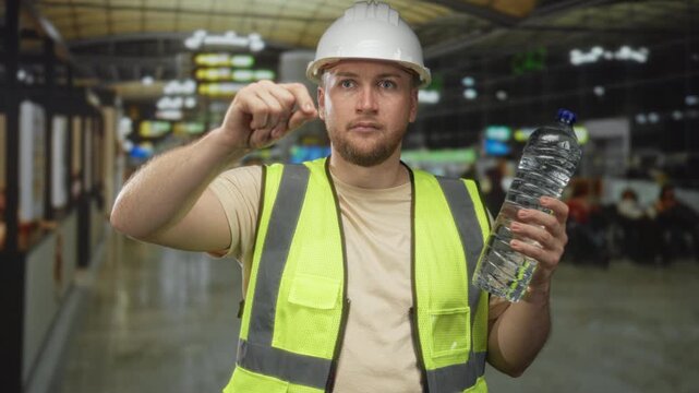 Man engineer in hardhat and hi vis vest points finger while holding water bottle in airport terminal; safety duty determination.