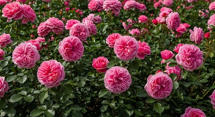 Obraz premium Lush Garden of Vibrant Pink Cabbage Roses in Full Bloom CloseUp Dense Flowerbed