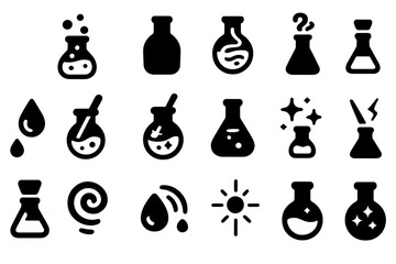 Magical Potion Essence. Solid style icons of Potion Craft: bubbling liquid, glass bottle, swirling mist, vapor line, measured drop
