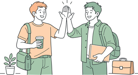 Friendly Afterwork Greeting. Two friends greeting each other after a workday, clean flat line illustration showing casual smiles