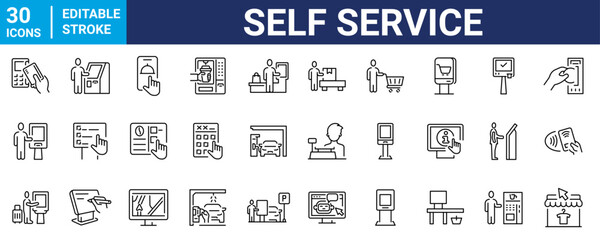 Self service web line icon. Kiosk, Online Support Portal, convenience.
