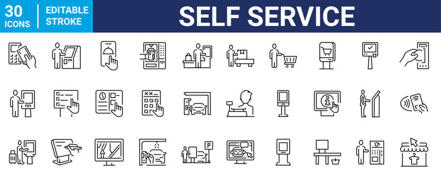 Self service web line icon. Kiosk, Online Support Portal, convenience.