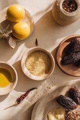 A flat lay shows spices, preserved lemons, couscous grains, and olive oil arranged neatly. Rich culinary heritage and healthy cooking inspiration.